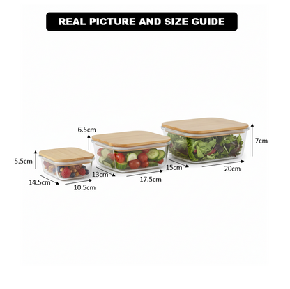 3Pcs Airtight Bamboo-Lid Glass Bowls Set (1144) – Square