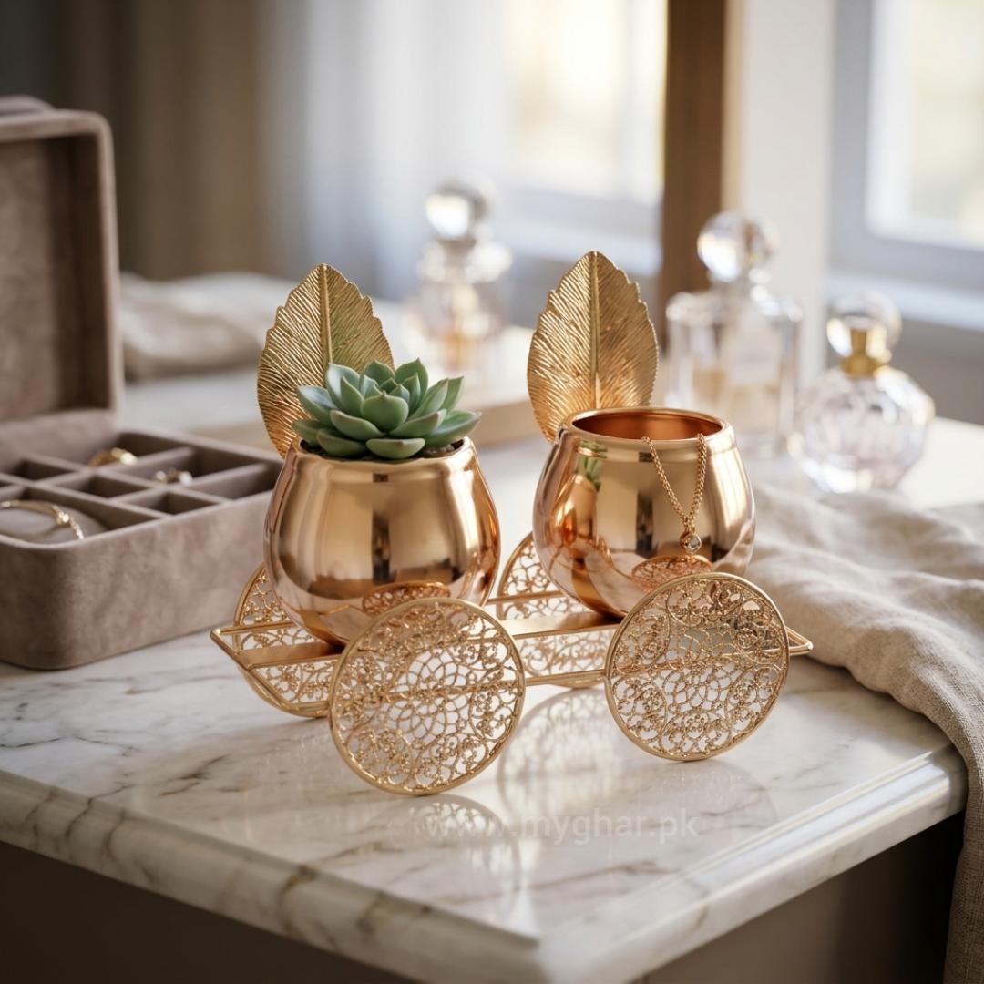 Artistic Rose Gold Showpiece with Leaf Accents