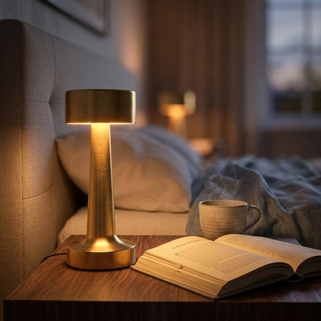 Luxury Metallic Gold Cordless Bedside Lamp With 3 Modes