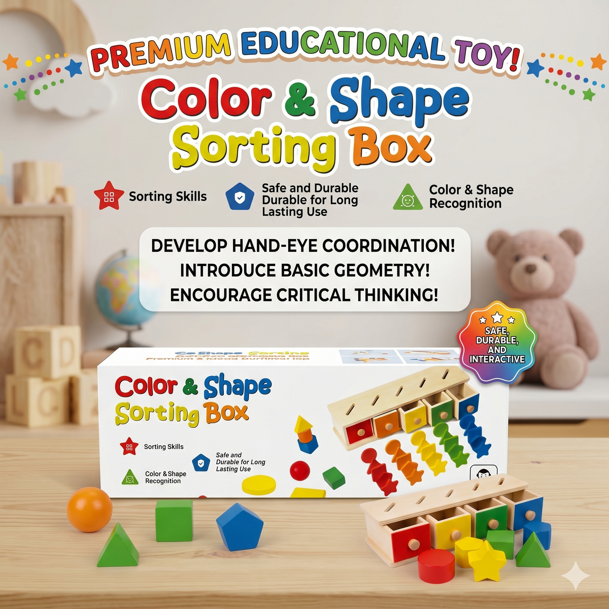 Premium Wooden Color & Shape Sorting Box – Early Educational Learning & Geometry Toy