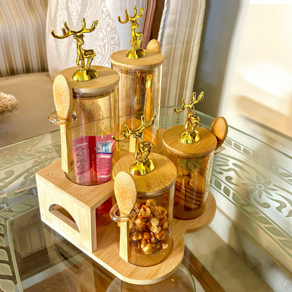 TintedGold 4-Pcs Airtight Storage Jars Set (1105) with Bamboo Spoon & Stand