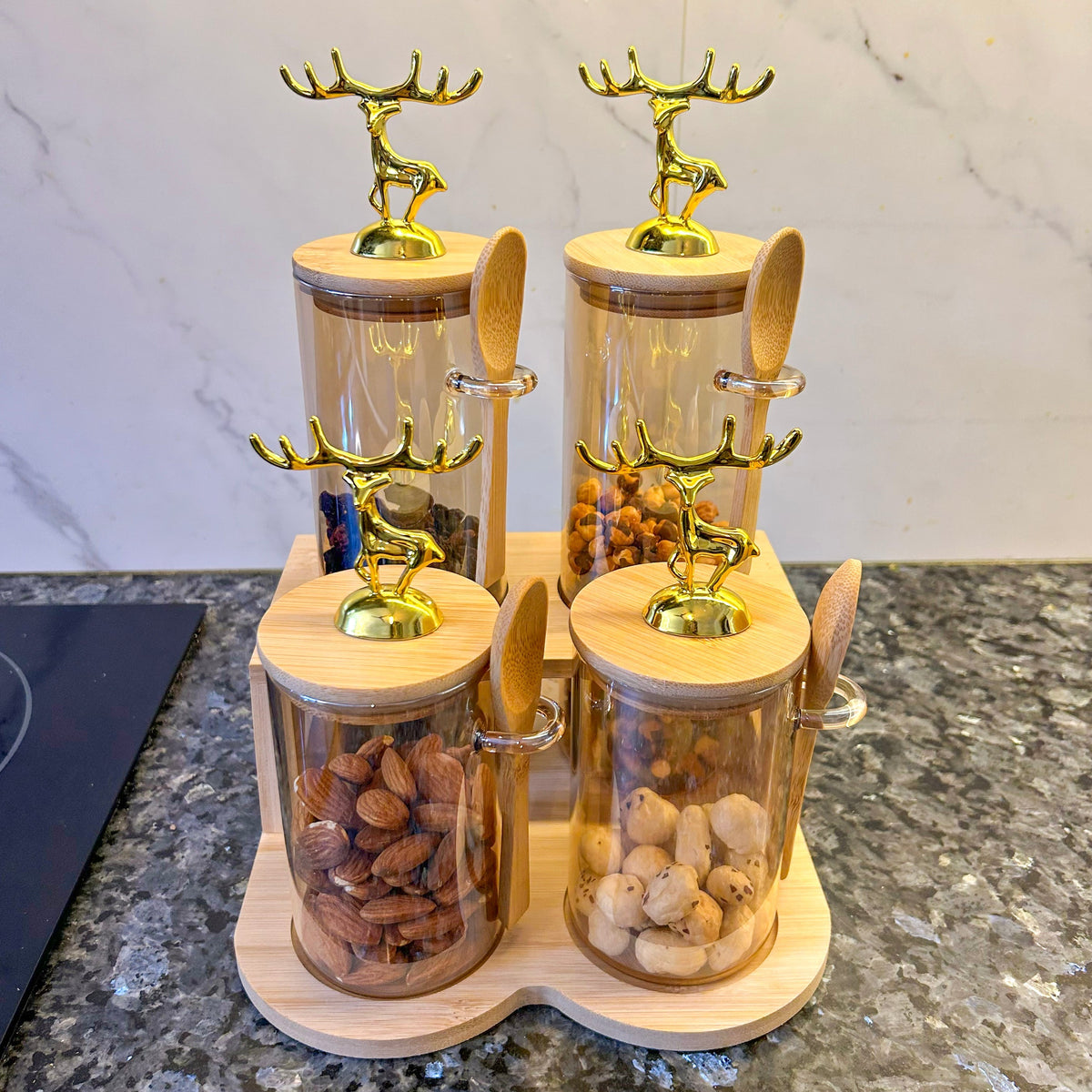 TintedGold 4-Pcs Airtight Storage Jars Set (1105) with Bamboo Spoon & Stand