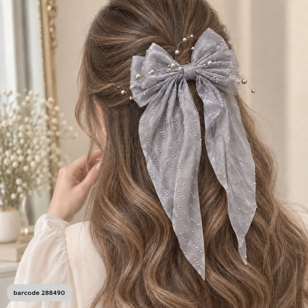 Pearl Bow Hair Clip – (Gray)