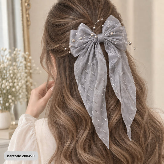 Pearl Bow Hair Clip – (Gray)