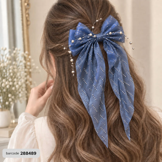 Pearl Bow Hair Clip – (Blue)