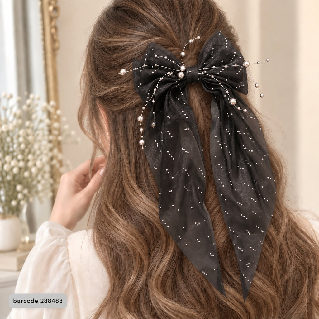 Pearl Bow Hair Clip – (Black)