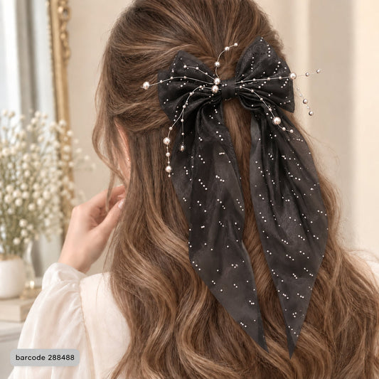 Pearl Bow Hair Clip – (Black)