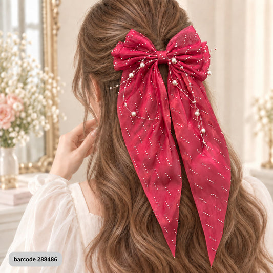 Pearl Bow Hair Clip – (Maroon)