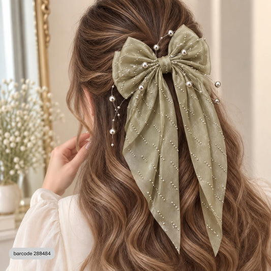 Pearl Bow Hair Clip – (Sage Green)