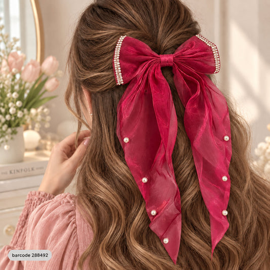 Pearl Trim Bow Hair Clip-(Maroon)