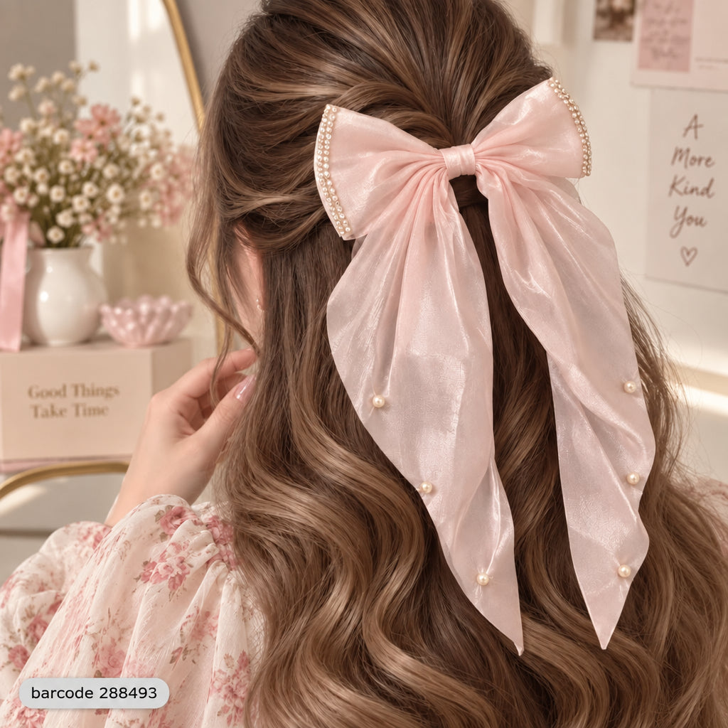 Pearl Trim Bow Hair Clip-(Pink)