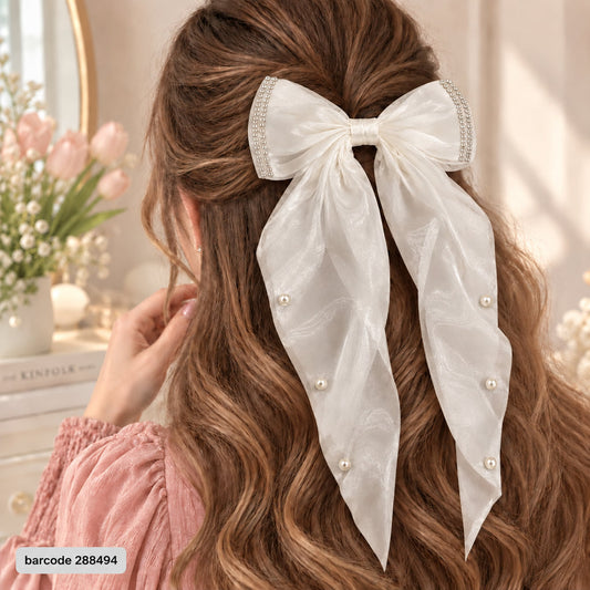 Pearl Trim Bow Hair Clip-(White)