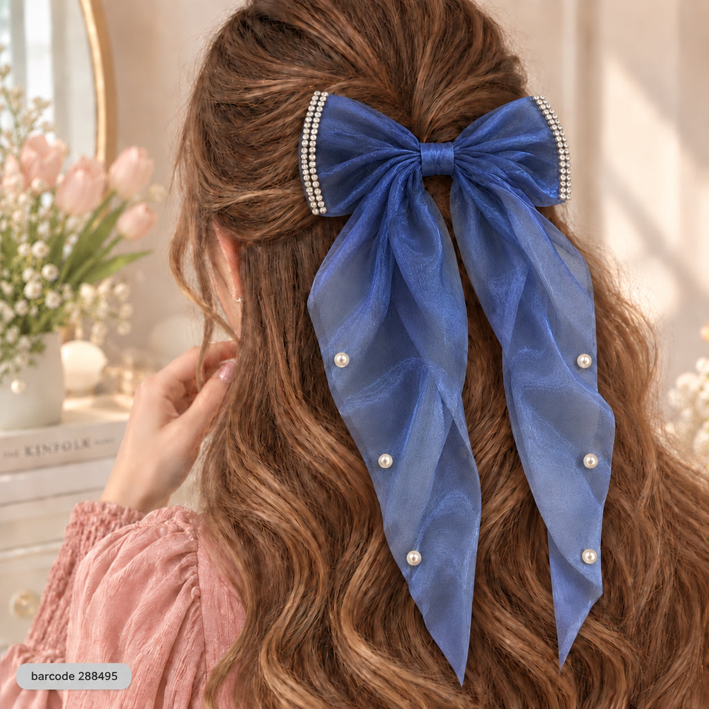 Pearl Trim Bow Hair Clip-(Blue)