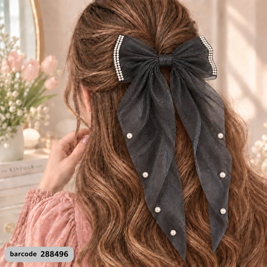Pearl Trim Bow Hair Clip-(Black)