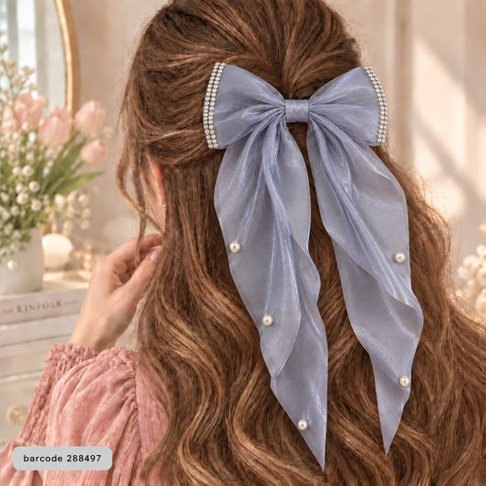 Pearl Trim Bow Hair Clip-(Gray)