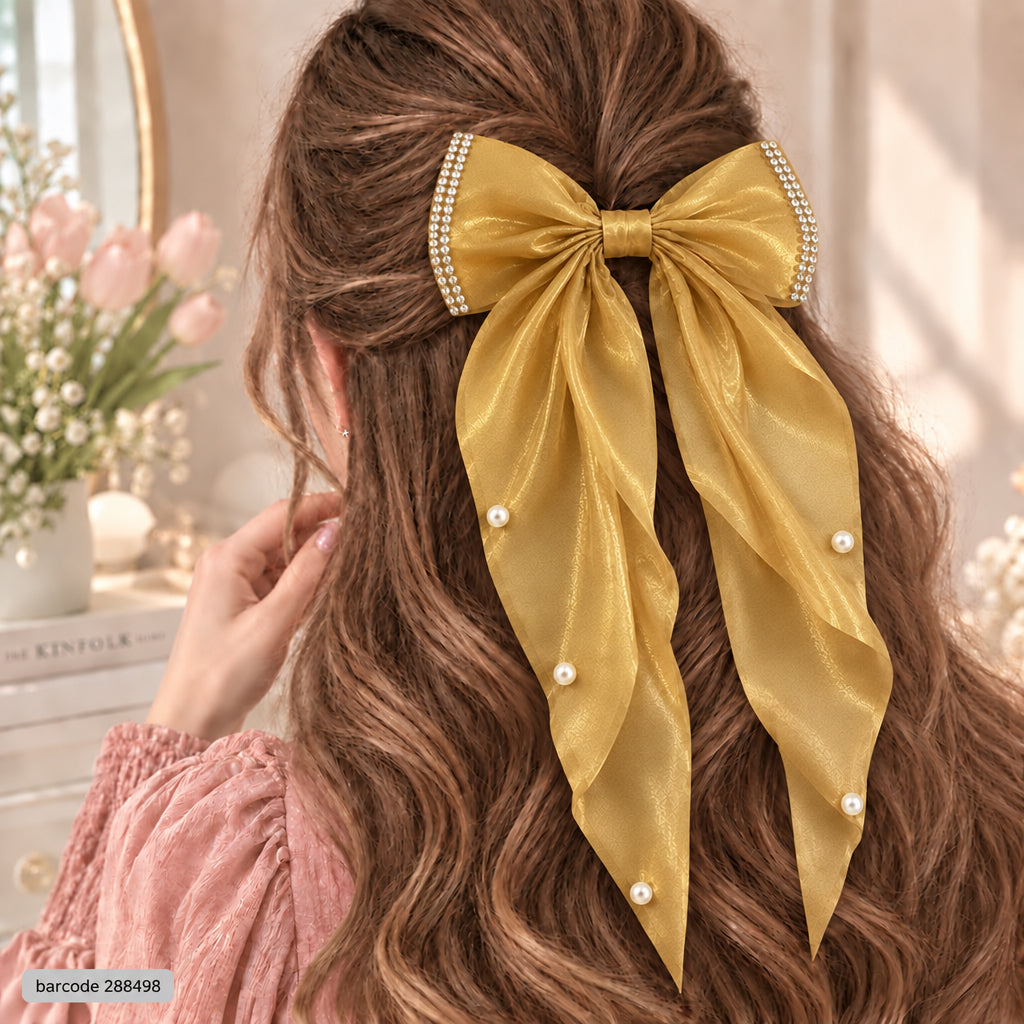 Pearl Trim Bow Hair Clip-(Golden)