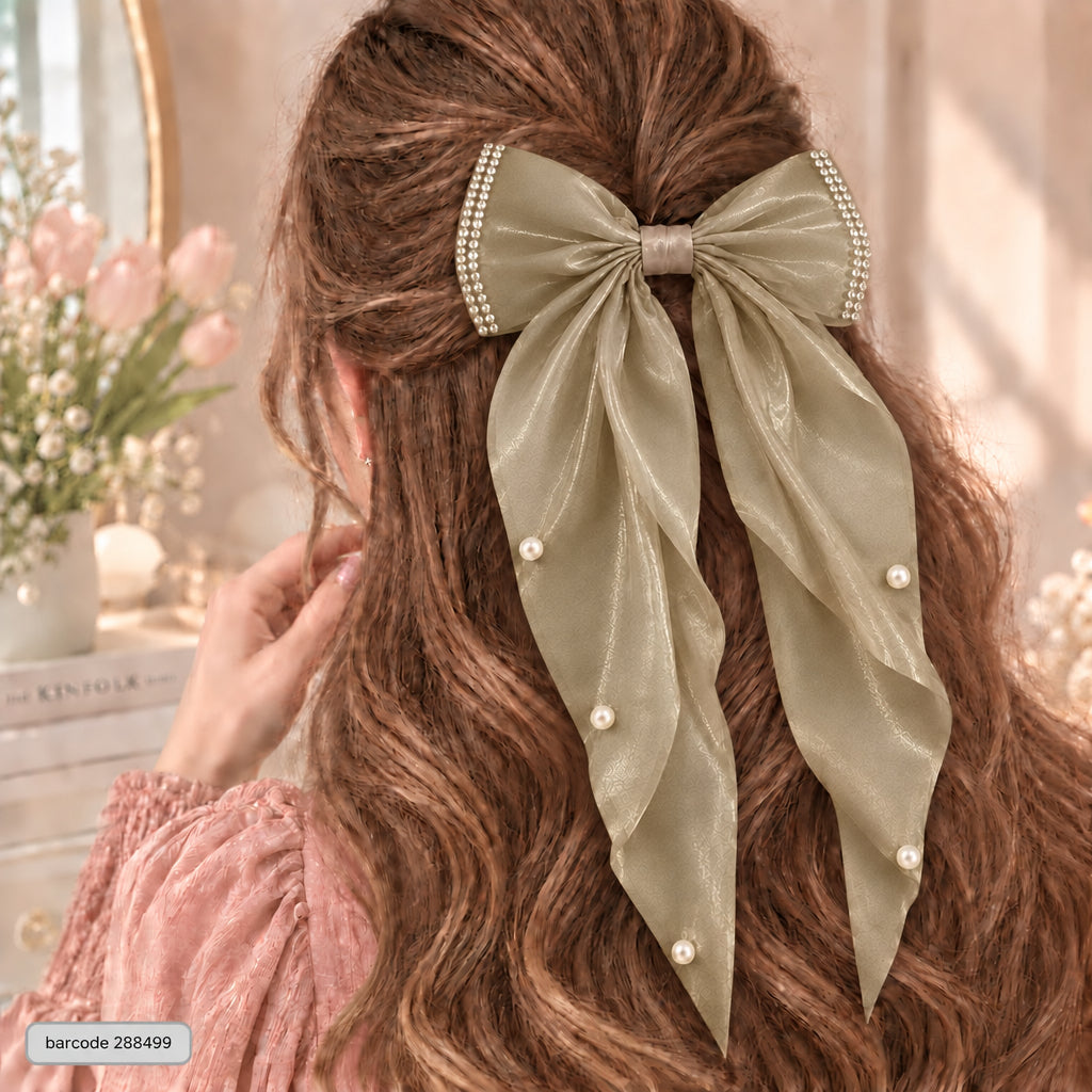 Pearl Trim Bow Hair Clip-(Sage Green)