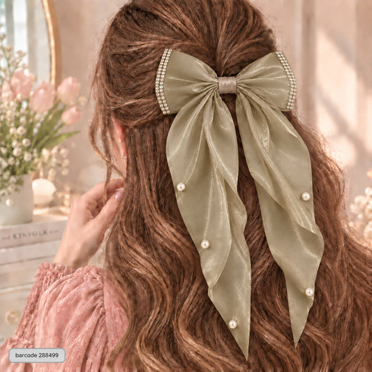 Pearl Trim Bow Hair Clip-(Sage Green)