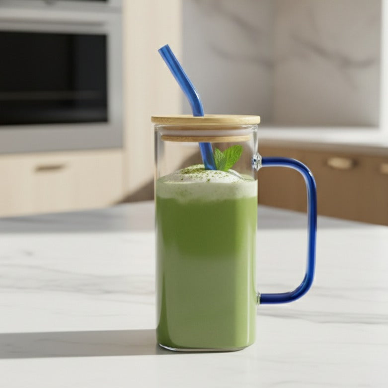 Square Glass Tumbler & Straw with Wooden Airtight Lid