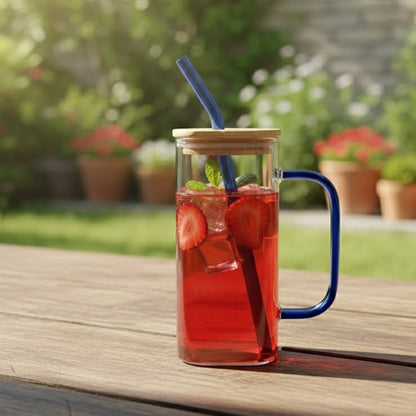 Square Glass Tumbler & Straw with Wooden Airtight Lid