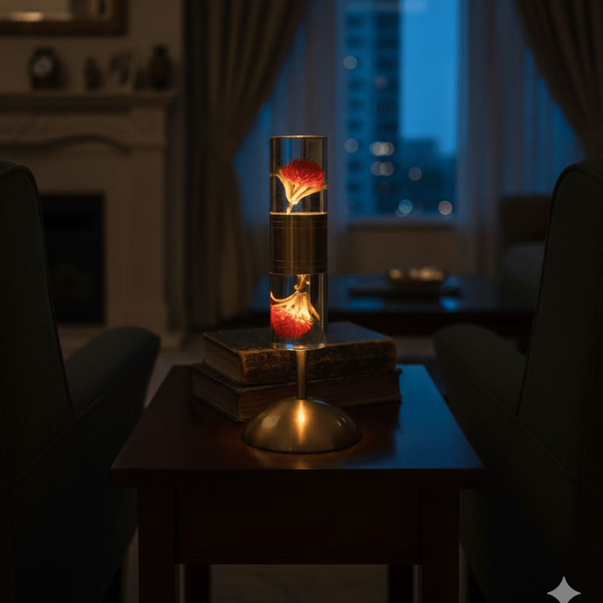 Elegant Glass Lamp with Flower Inside & Metal Base