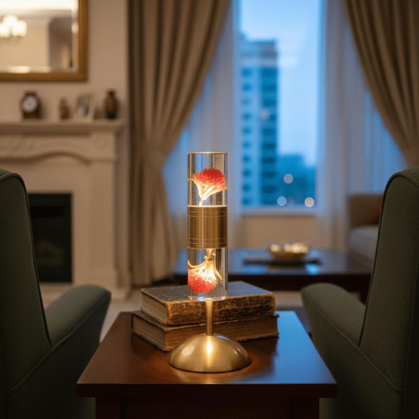 Elegant Glass Lamp with Flower Inside & Metal Base
