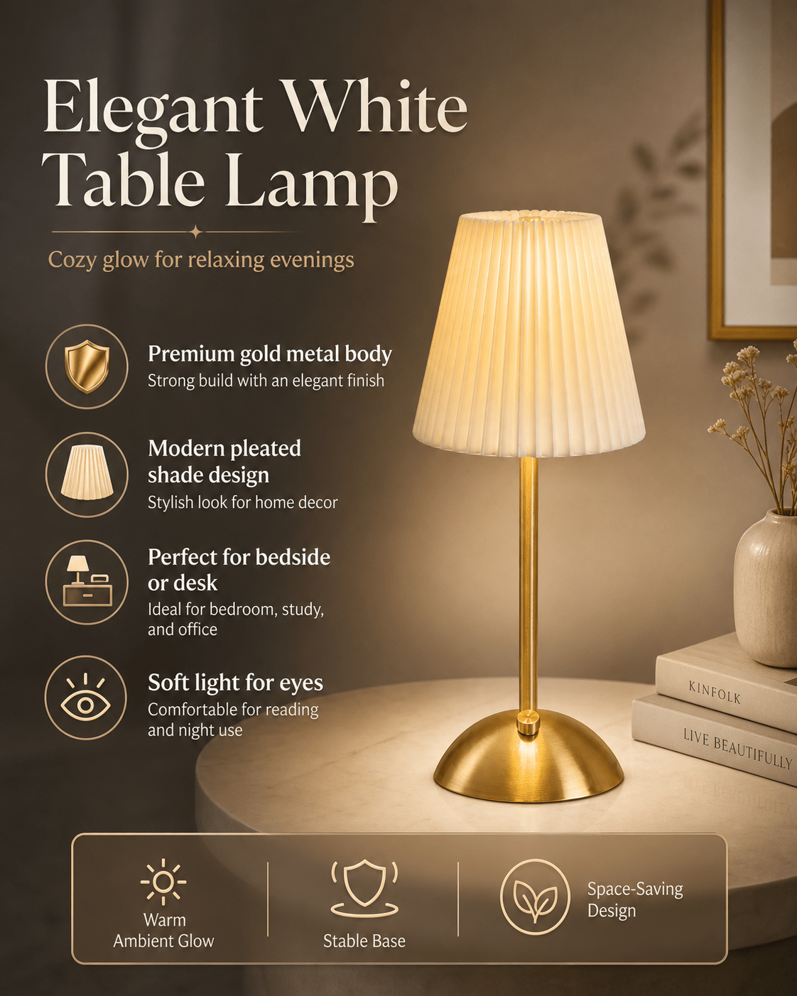 Elegant White Table Lamp-Rechargeable & Wireless