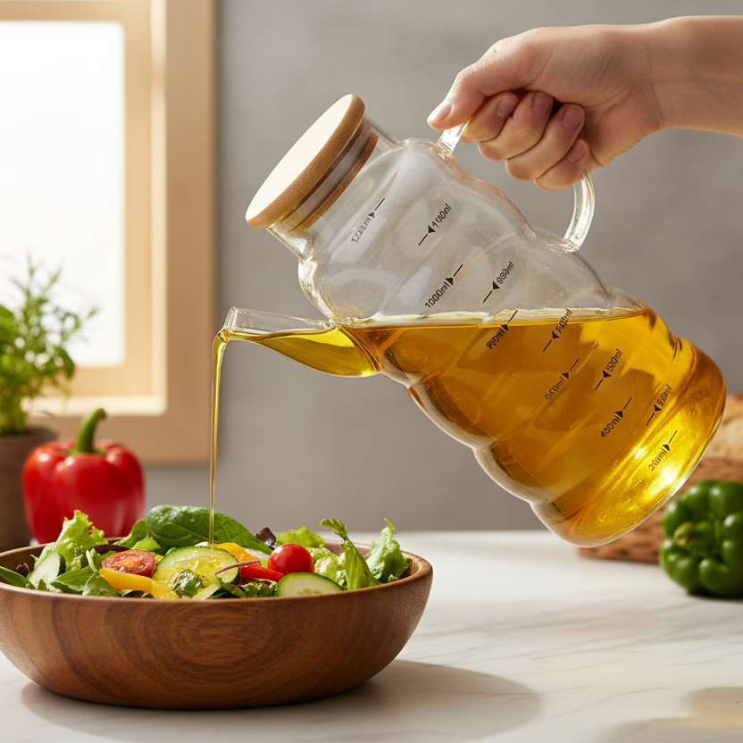 1.2L Glass Oil Jug with Airtight Wooden Lid & Precision Pour Stopper