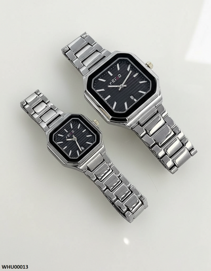 WHU00013 HWR Square Black Dial Couple Watch - WHU