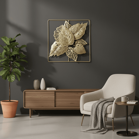 Luxury Gold Leaf Wall Art – Modern Metal Frame Decor
