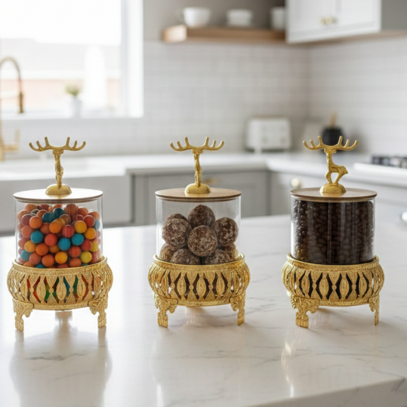 Royal 3-Pcs Golden Base TintedGlass Jars with Lid (1129)