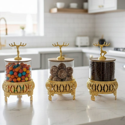 Royal 3-Pcs Golden Base TintedGlass Jars with Lid (1129)