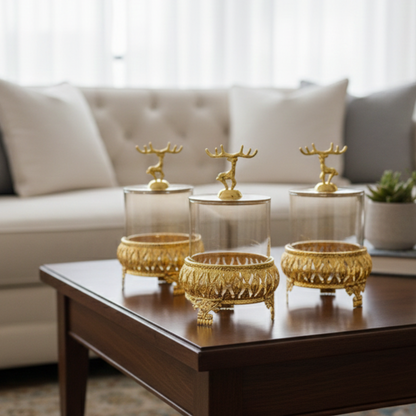 Royal 3-Pcs Golden Base TintedGlass Jars with Lid (1129)