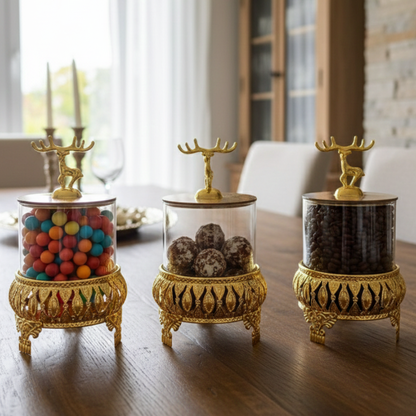 Royal 3-Pcs Golden Base TintedGlass Jars with Lid (1129)