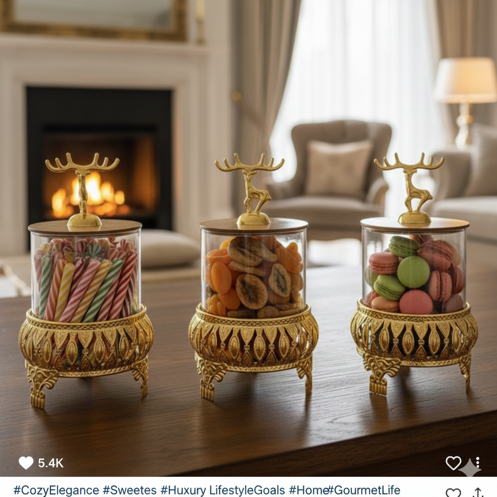 Royal 3-Pcs Golden Base TintedGlass Jars with Lid (1129)