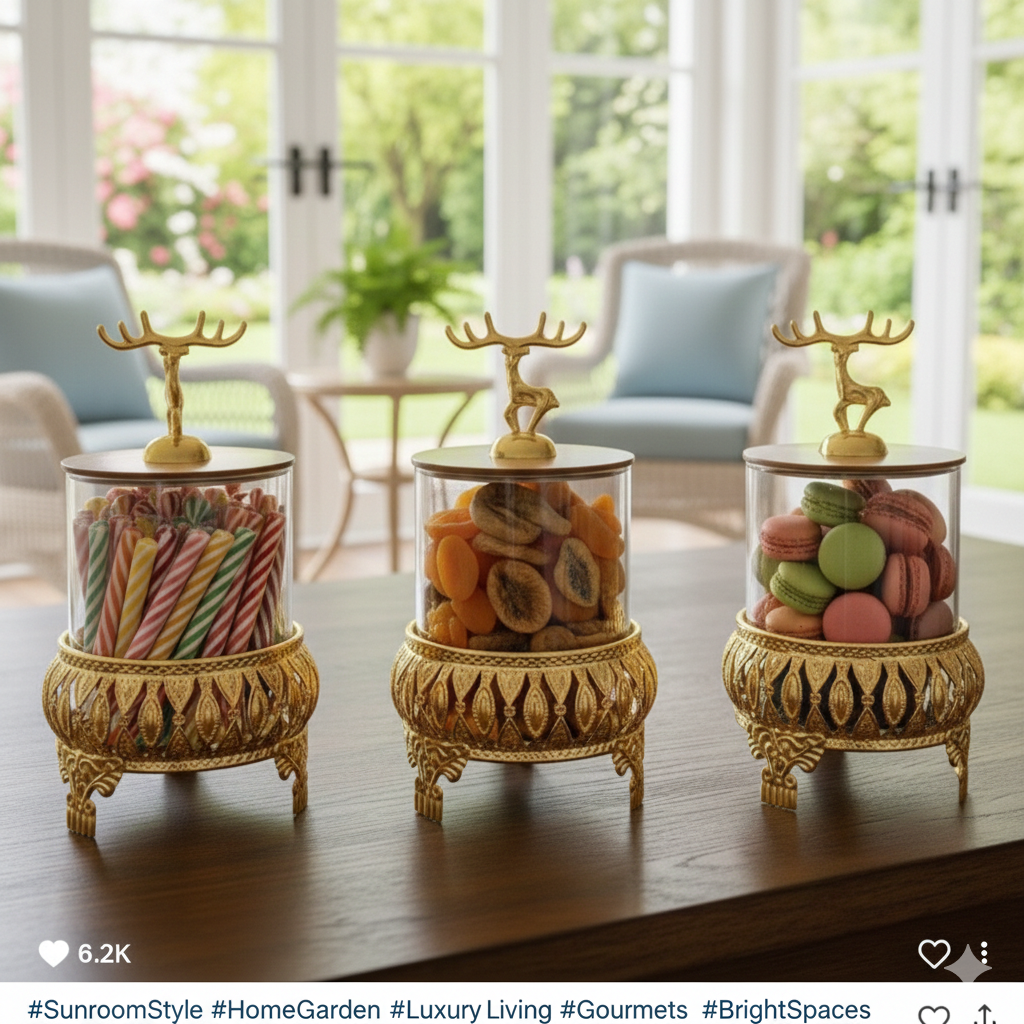 Royal 3-Pcs Golden Base TintedGlass Jars with Lid (1129)